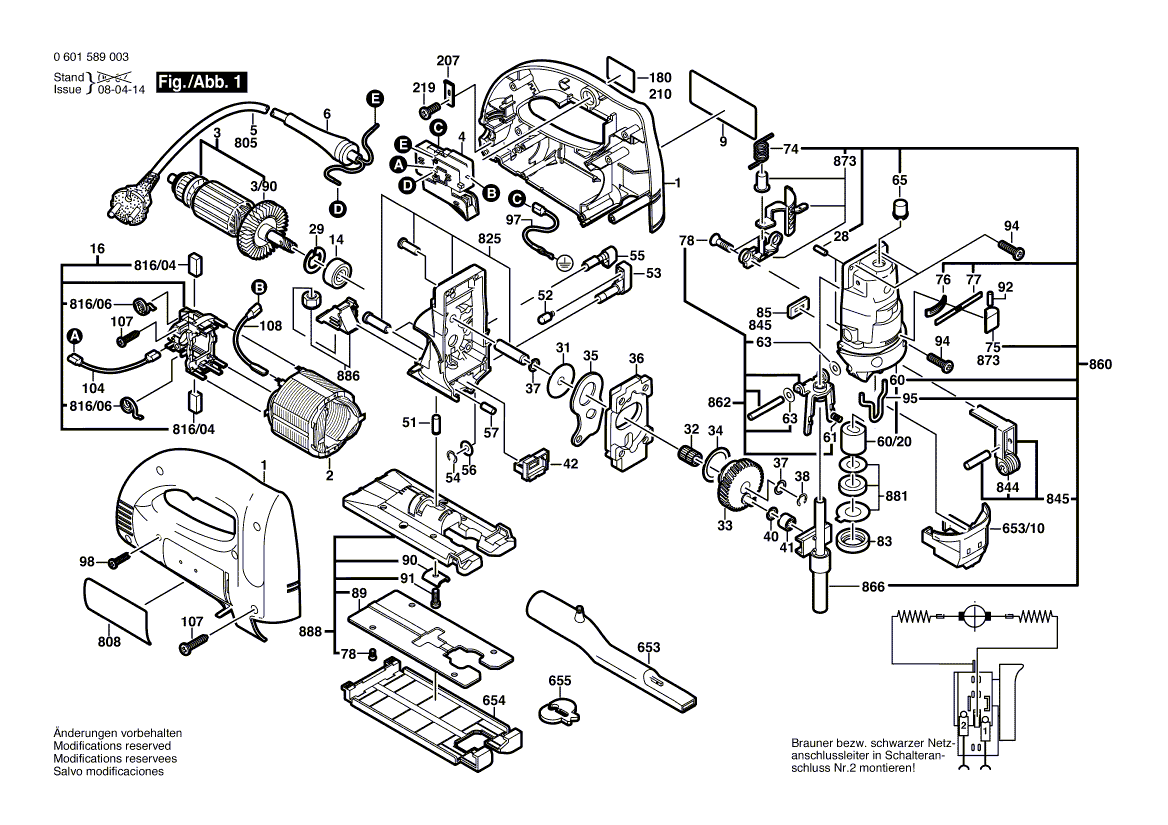 для электролобзика Bosch GST 100 B 230 V 0601589003, деталировка 1