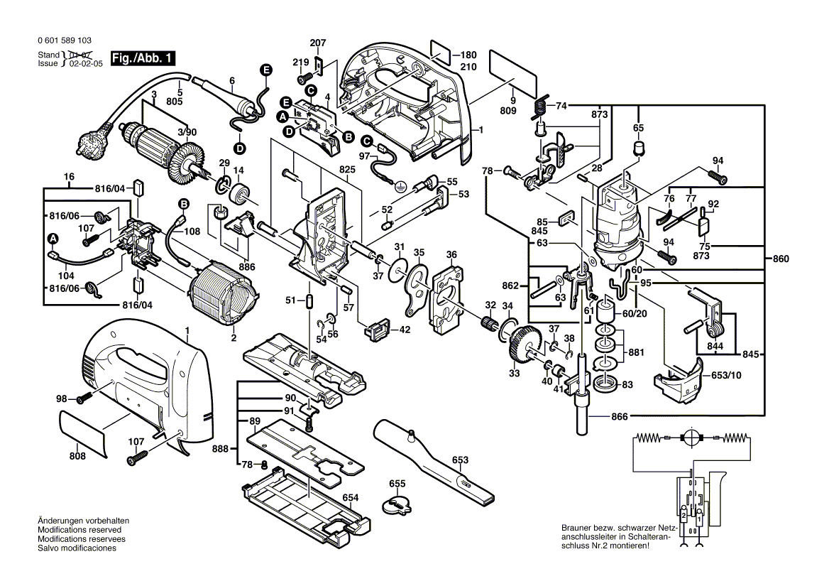 для электролобзика Bosch GST 100 B 230 V 0601589060, деталировка 1