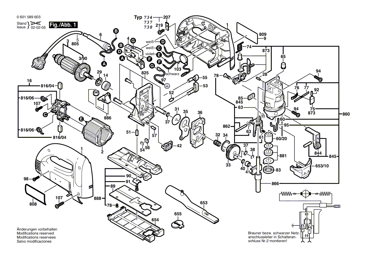 для электролобзика Bosch GST 100 BCE 230 V 0601589603, деталировка 1