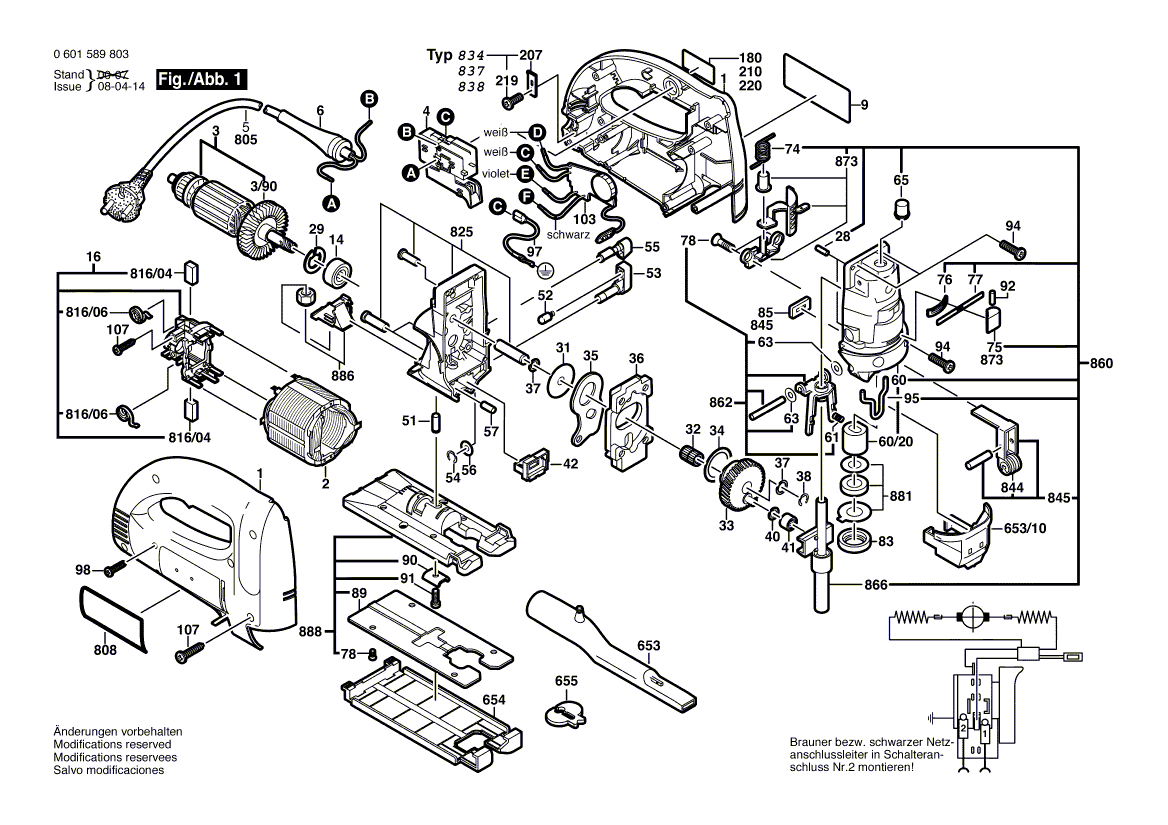 для электролобзика Bosch GST 100 BCE 230 V 0601589803, деталировка 1