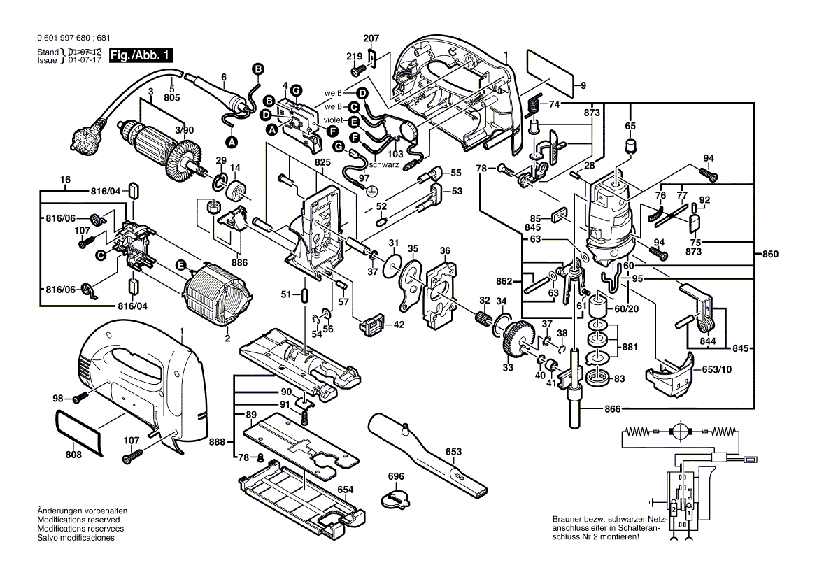 для электролобзика Bosch GST 100 BCE 230 V 0601997680, деталировка 1