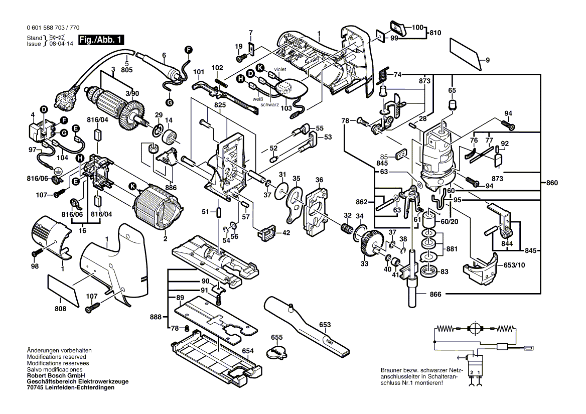 для электролобзика Bosch GST 100 CE 230 V 0601588703, деталировка 1