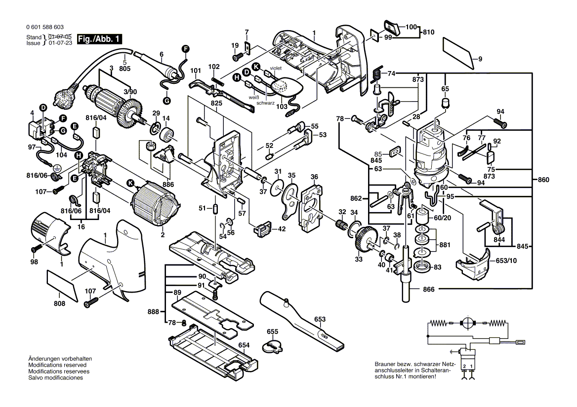 для электролобзика Bosch GST 100 CE 230 V 0601588760, деталировка 1