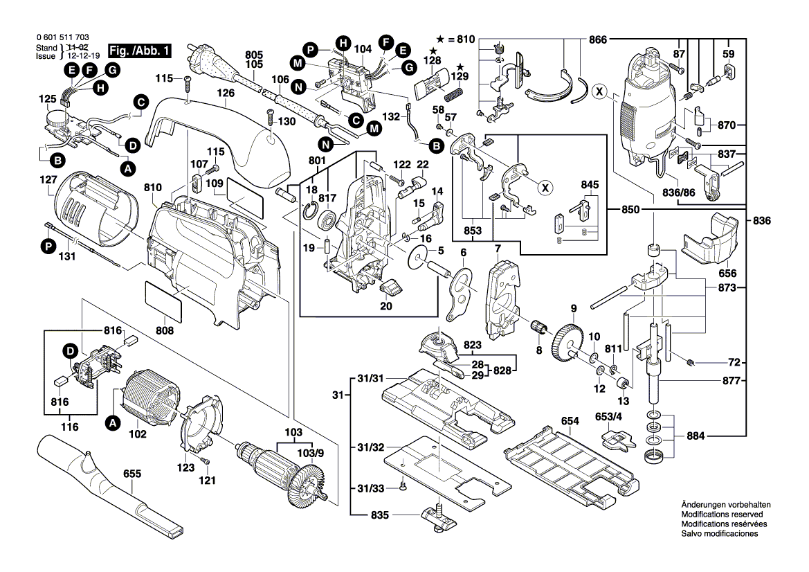 для электролобзика Bosch GST 135 BCE 230 V 0601511703, деталировка 1