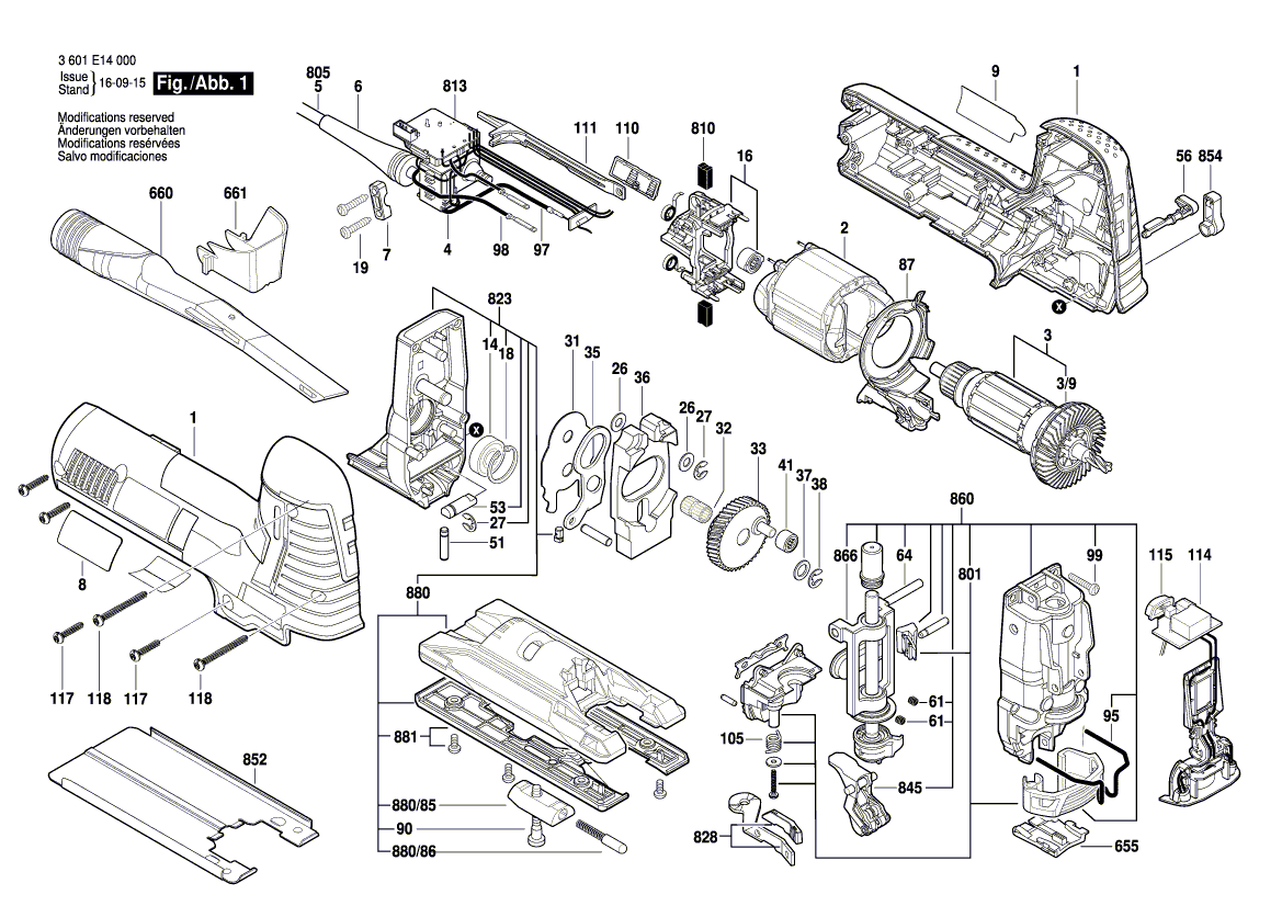 для электролобзика Bosch GST 140 CE 230 V 3601E14000, деталировка 1