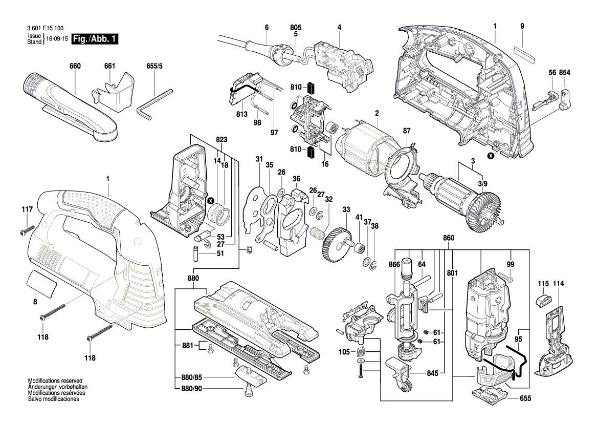 для электролобзика Bosch GST 1400 BCE 230 V 3601E15100, деталировка 1