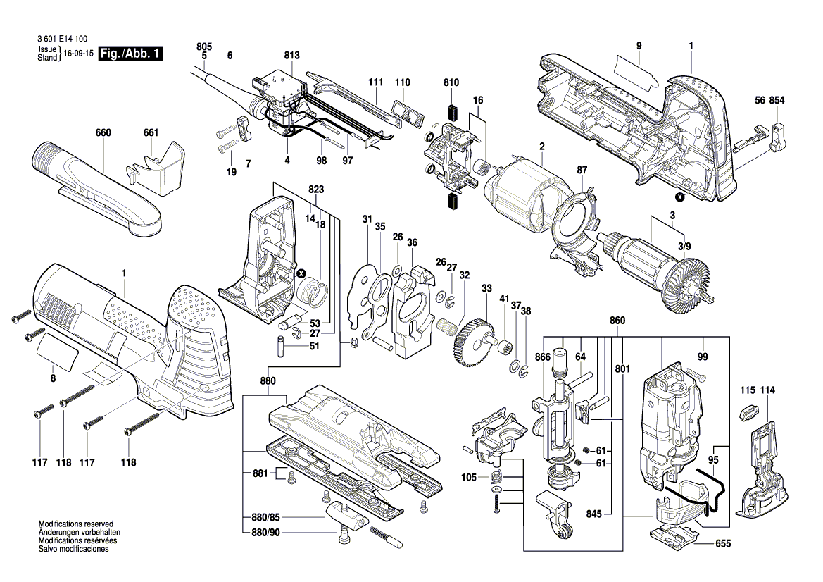 для электролобзика Bosch GST 1400 CE 230 V 3601E14100, деталировка 1