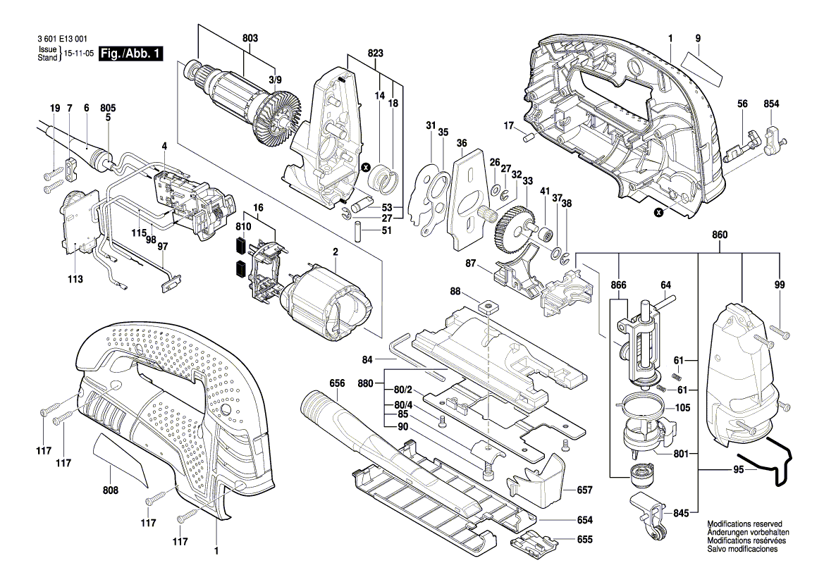 для электролобзика Bosch GST 150 BCE 230 V 3601E13001, деталировка 1