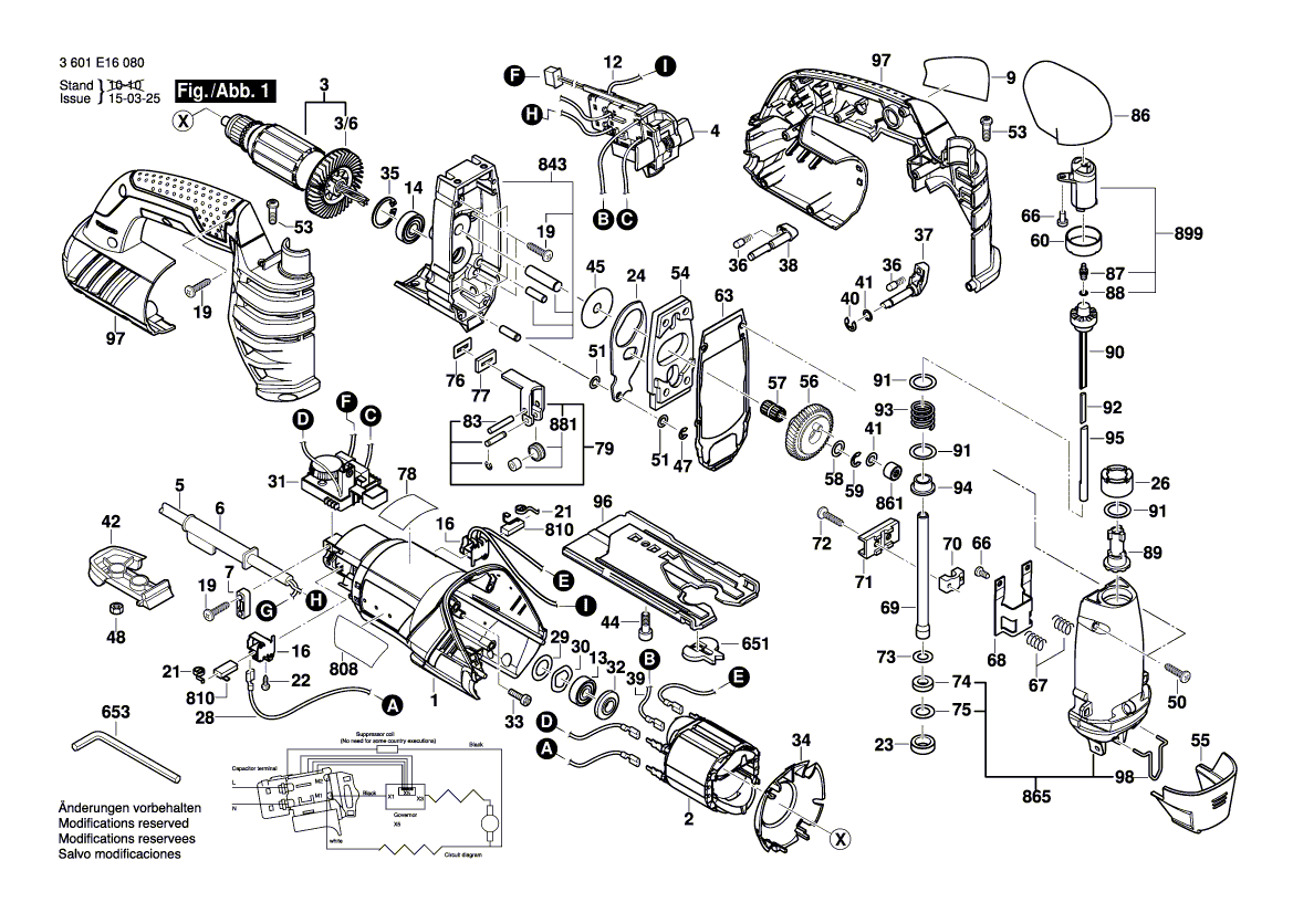 для электролобзика Bosch GST 25 Metal 230 V 3601E16000, деталировка 1