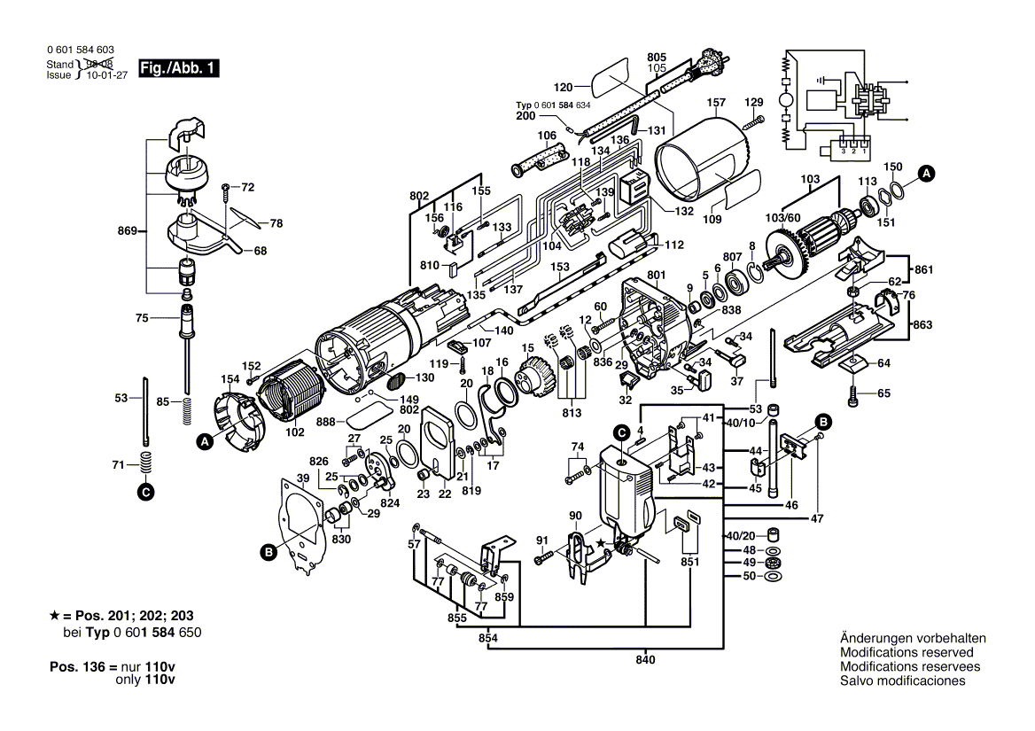 для электролобзика Bosch GST 500 PE 230 V 0601584A03, деталировка 1