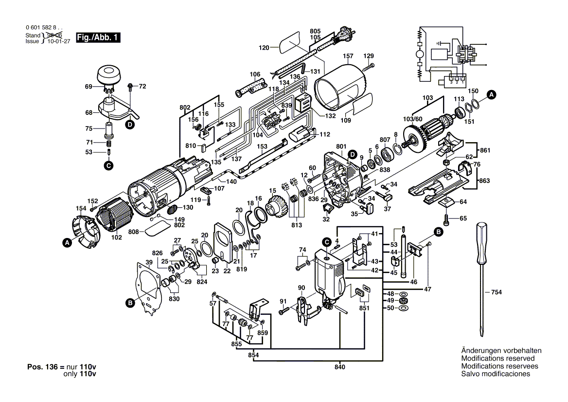 для электролобзика Bosch GST 80 PE 230 V 0601582803, деталировка 1