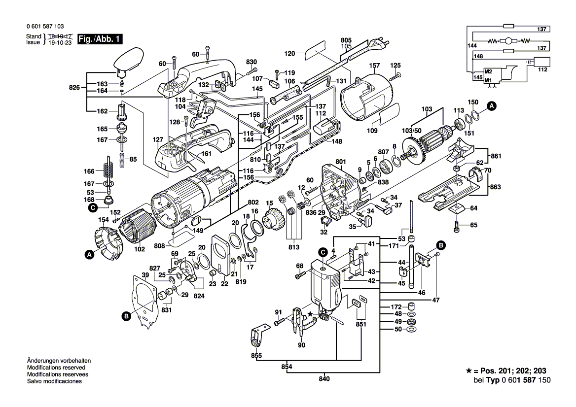 для электролобзика Bosch GST 85 PB 230 V 0601587103, деталировка 1