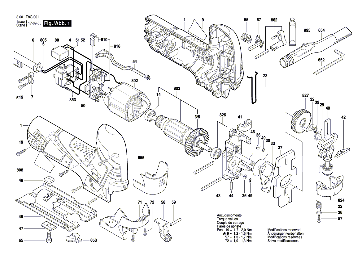 для электролобзика Bosch GST 90 E 230 V 3601E8G001, деталировка 1