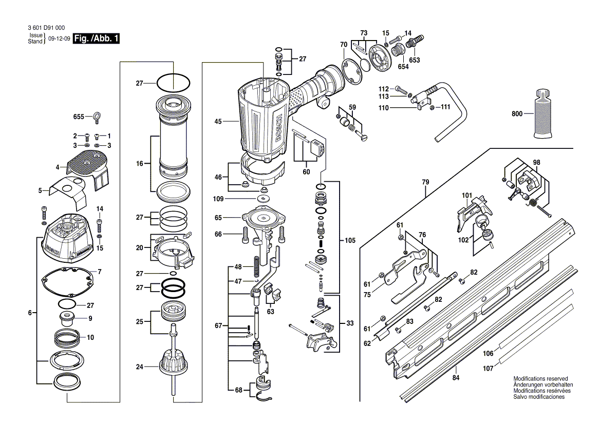 для пневматического молотка для забивания гвоздей Bosch GSN 90-21 RK 230 V 3601D91000, деталировка 1