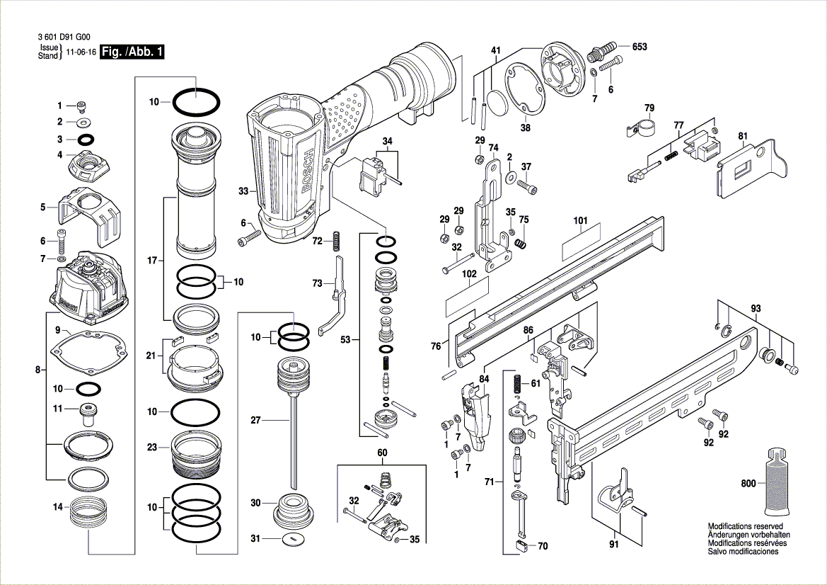 для пневматического молотка для забивания гвоздей Bosch GTK 40 3601D91G00, деталировка 1