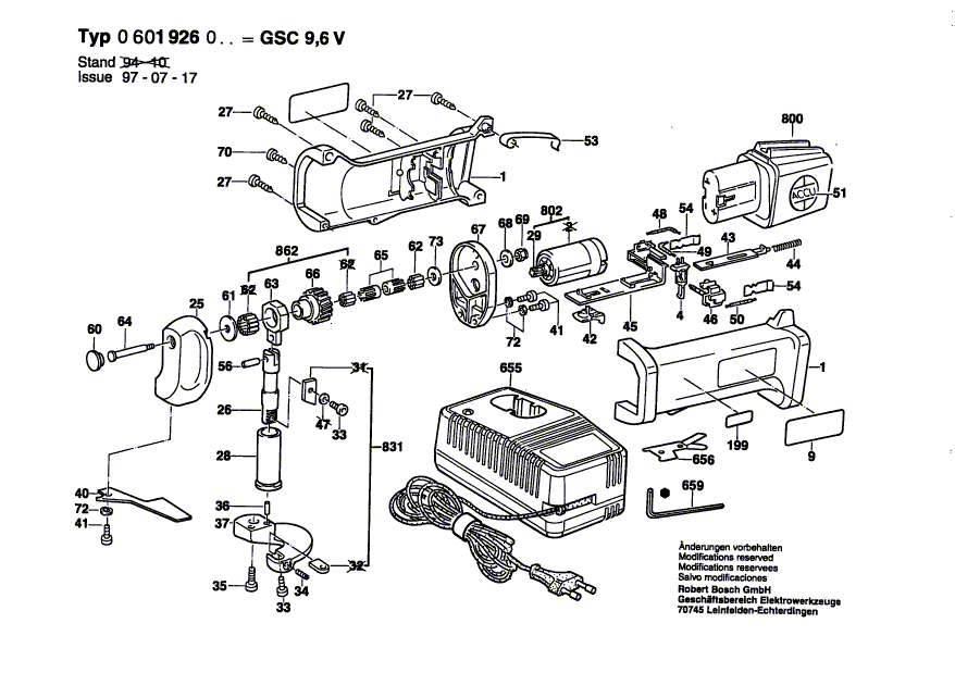 для аккумуляторных листовых ножниц Bosch GSC 9,6 V 9.6 V 0601926003, деталировка 1