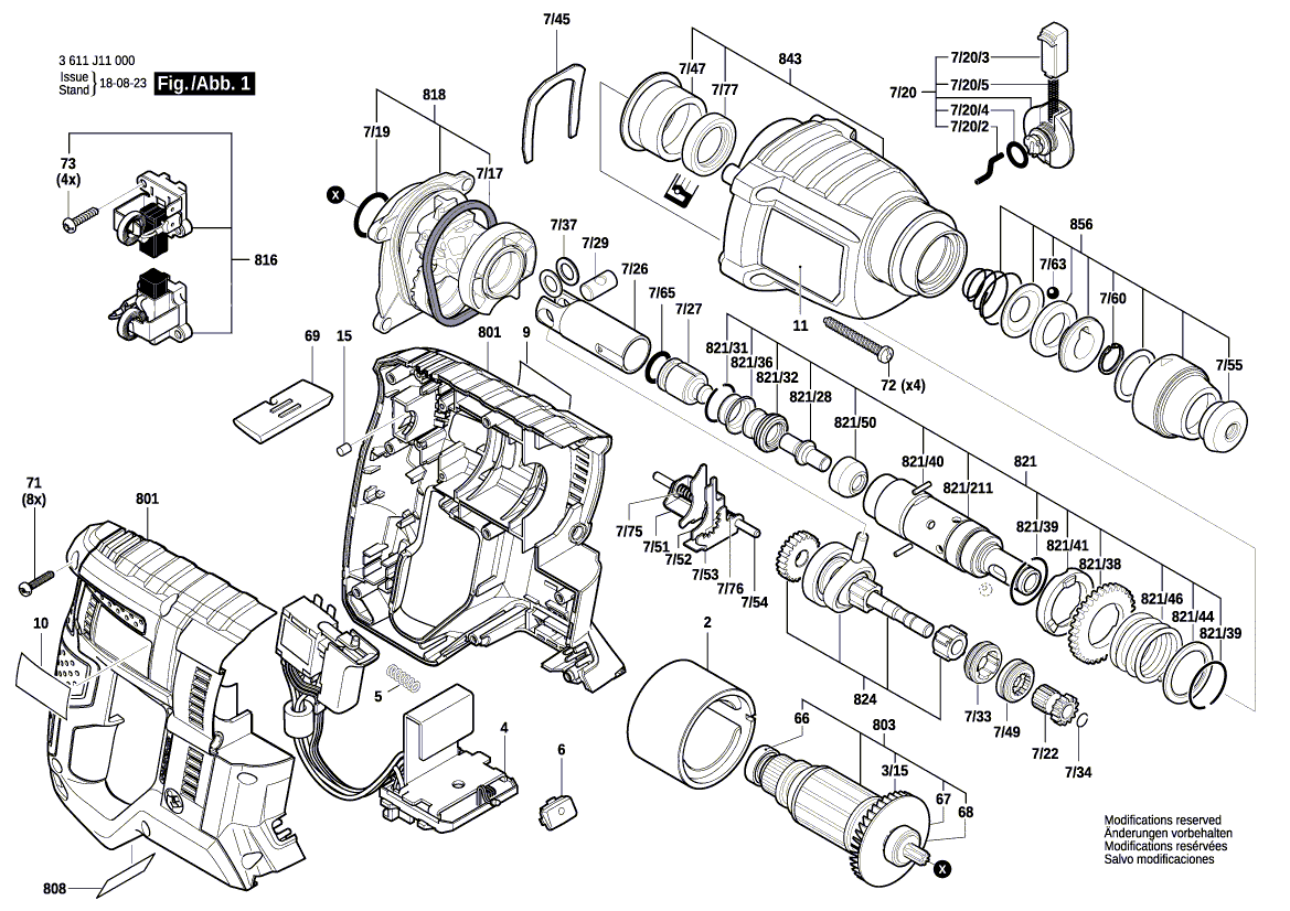 для аккумуляторного отбойного молотка Bosch GBH 18V-20 18 V 3611J11000, деталировка 1