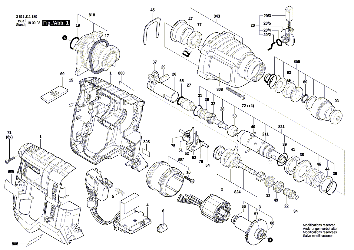 для аккумуляторного отбойного молотка Bosch GBH 18V-21 18 V 3611J11100, деталировка 1