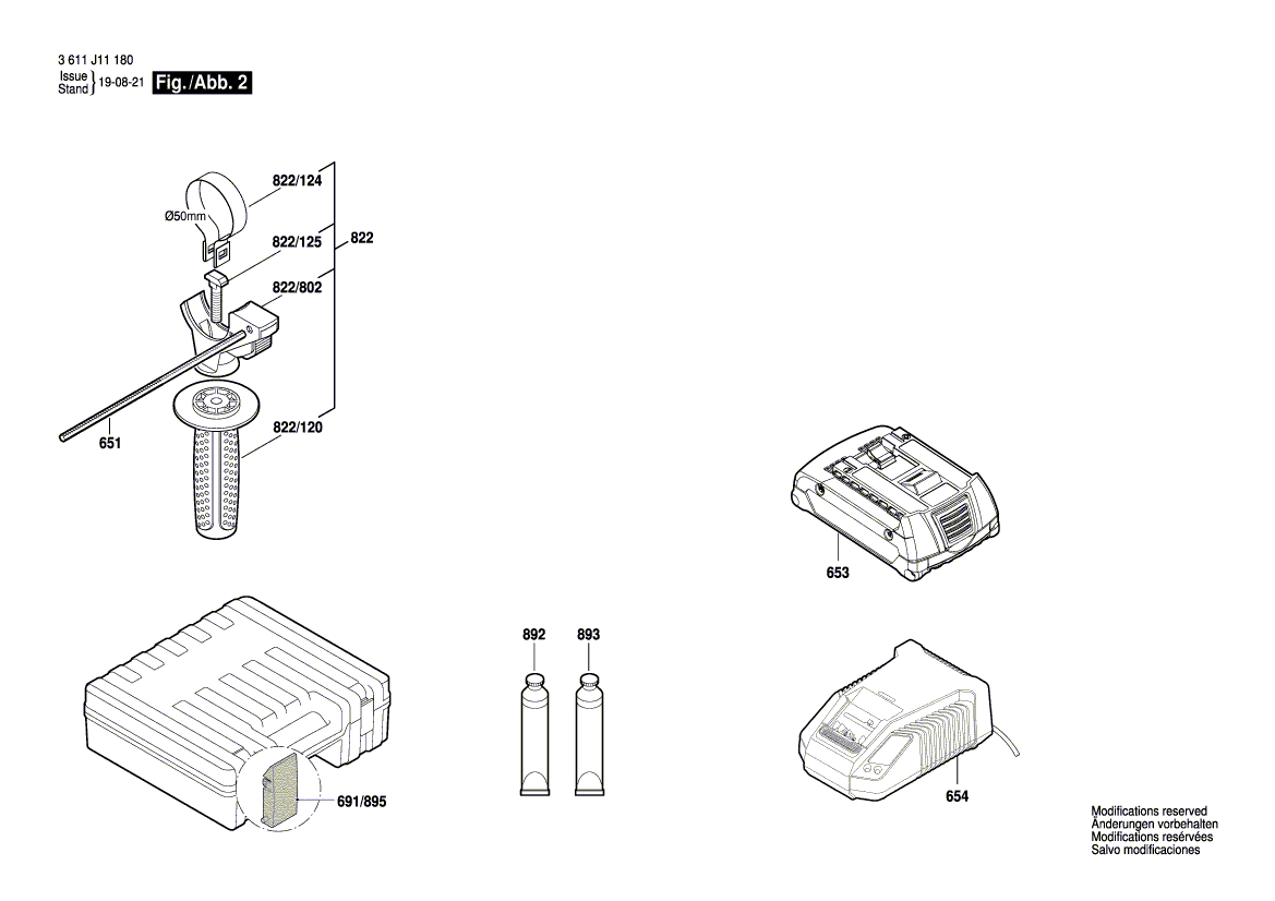 для аккумуляторного отбойного молотка Bosch GBH 18V-21 18 V 3611J11100, деталировка 2