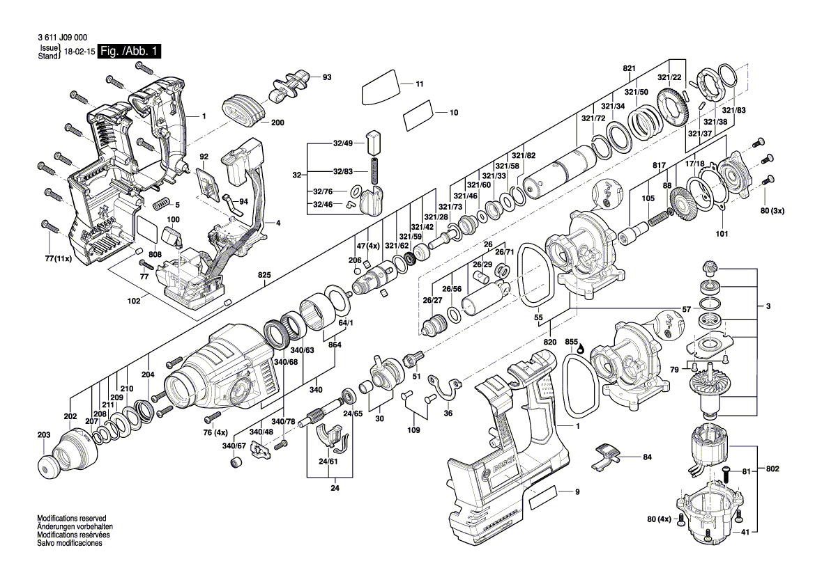 для аккумуляторного отбойного молотка Bosch GBH 18V-26 18 V 3611J09000, деталировка 1