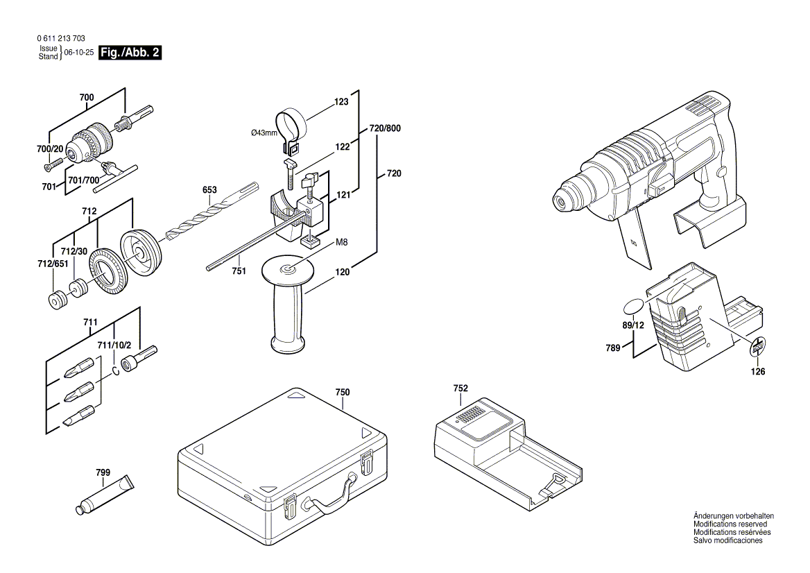 для аккумуляторного отбойного молотка Bosch GBH 24 VRE 24 V 0611213703, деталировка 2