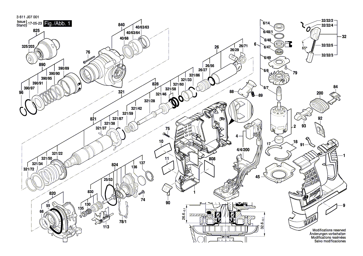 для аккумуляторного отбойного молотка Bosch GBH 36 VF-LI Plus 36 V 3611J07051, деталировка 1