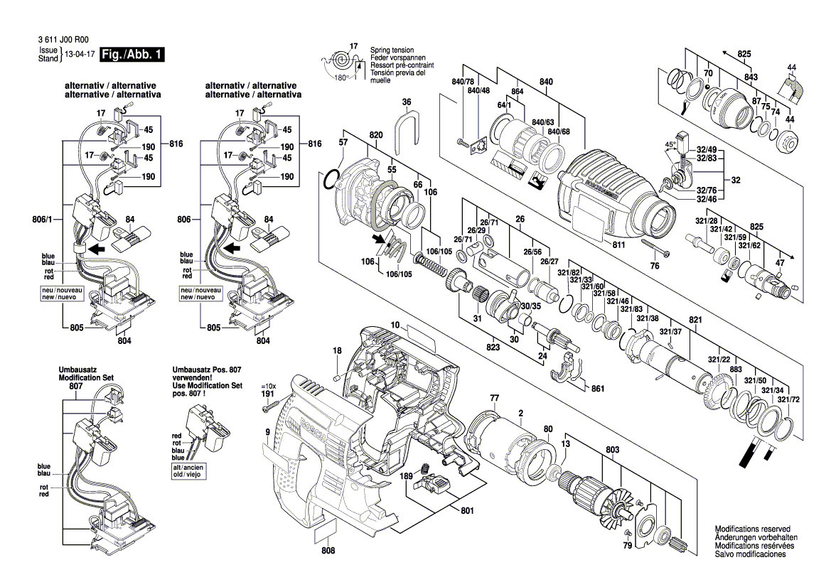 для перфоратора Bosch GBH 36 V-LI 36 V 3611J00R00, деталировка 1