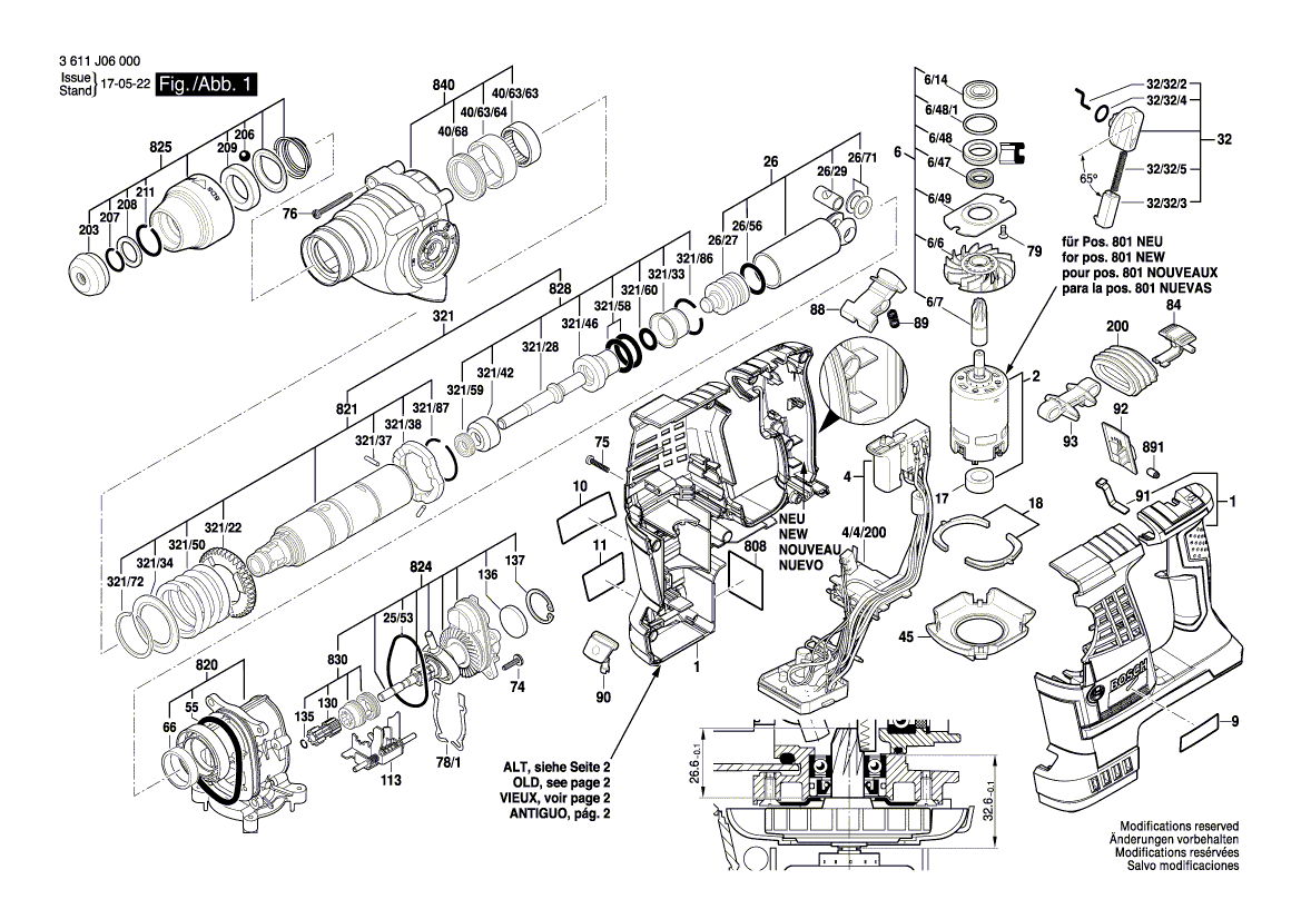 для перфоратора Bosch GBH 36 V-LI 36 V 3611J06000, деталировка 1