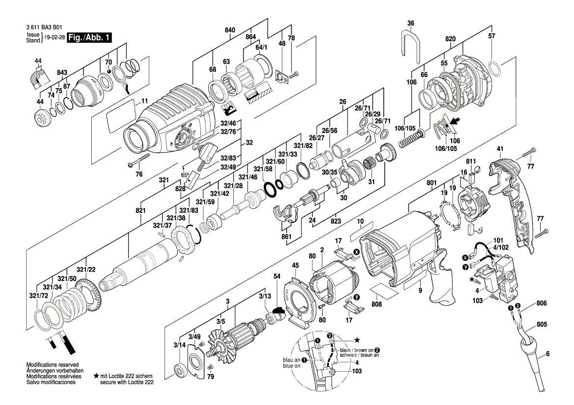 для перфоратора Bosch BH 2-26 230 V 3611BA3E01, деталировка 1