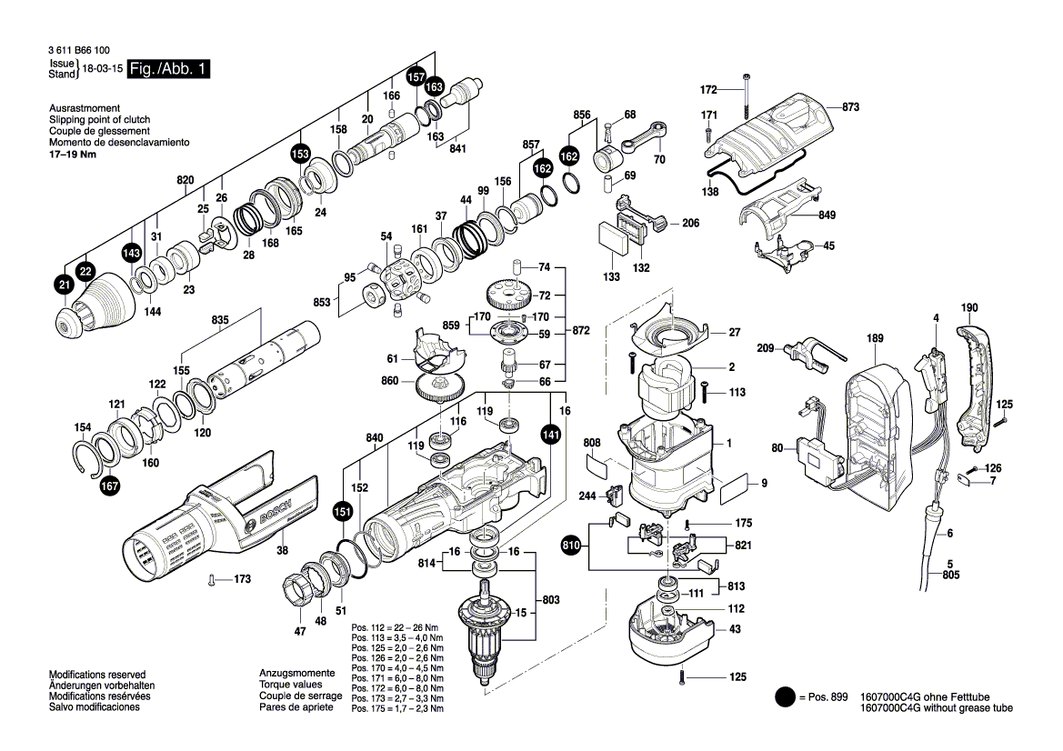 для перфоратора Bosch GBH 12-52 D 230 V 3611B66100, деталировка 1
