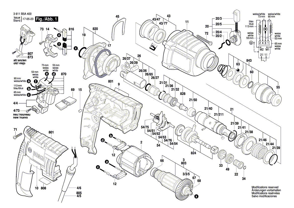 для перфоратора Bosch GBH 2-20 D 230 V 3611B5A400, деталировка 1