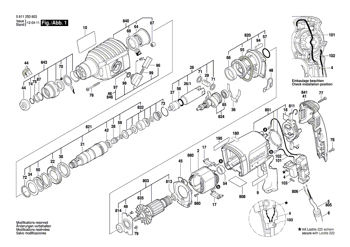 для перфоратора Bosch GBH 2-22 E 230 V 0611250603, деталировка 1