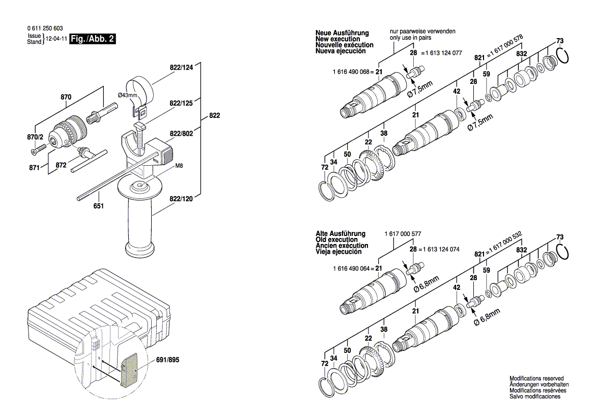 для перфоратора Bosch GBH 2-22 E 230 V 0611250603, деталировка 2