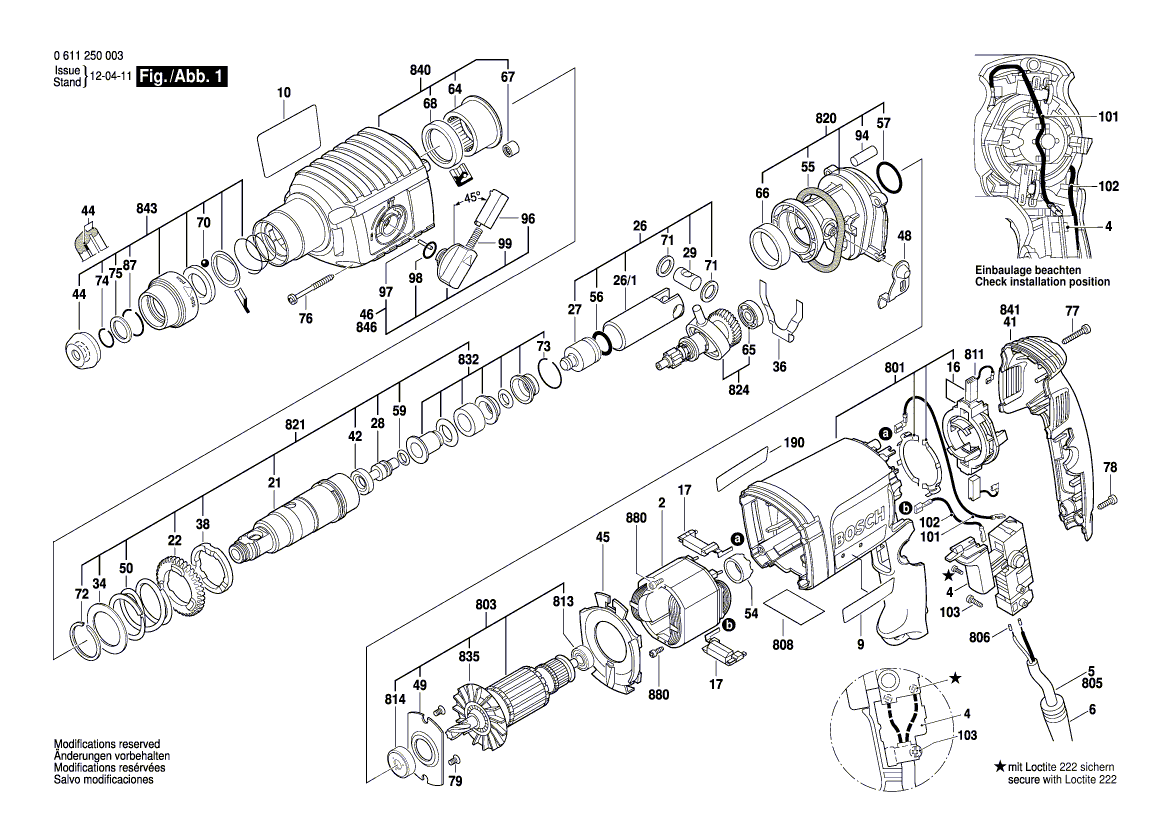 для перфоратора Bosch GBH 2-22 S 230 V 0611250003, деталировка 1