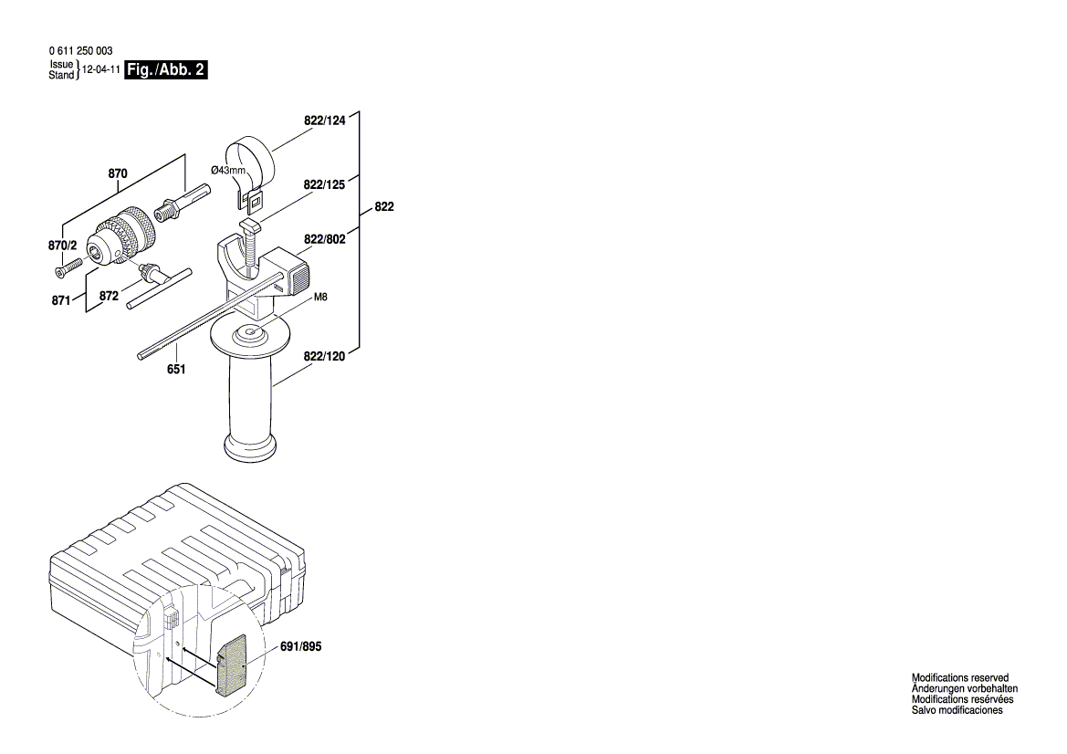 для перфоратора Bosch GBH 2-22 S 230 V 0611250003, деталировка 2