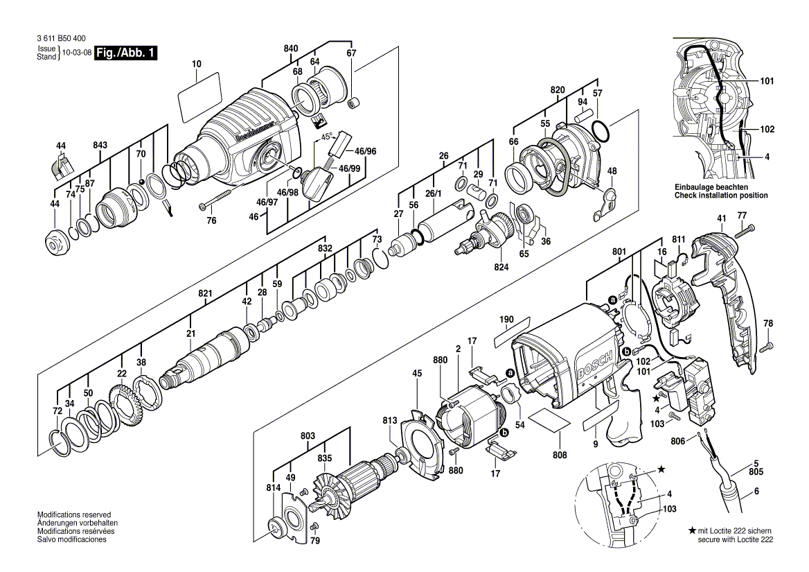 для перфоратора Bosch GBH 2-23 RE 230 V 3611B50400, деталировка 1