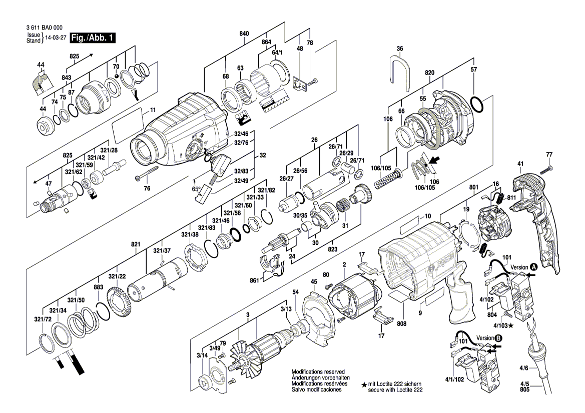 для перфоратора Bosch GBH 2-24D 230 V 3611BA0000, деталировка 1