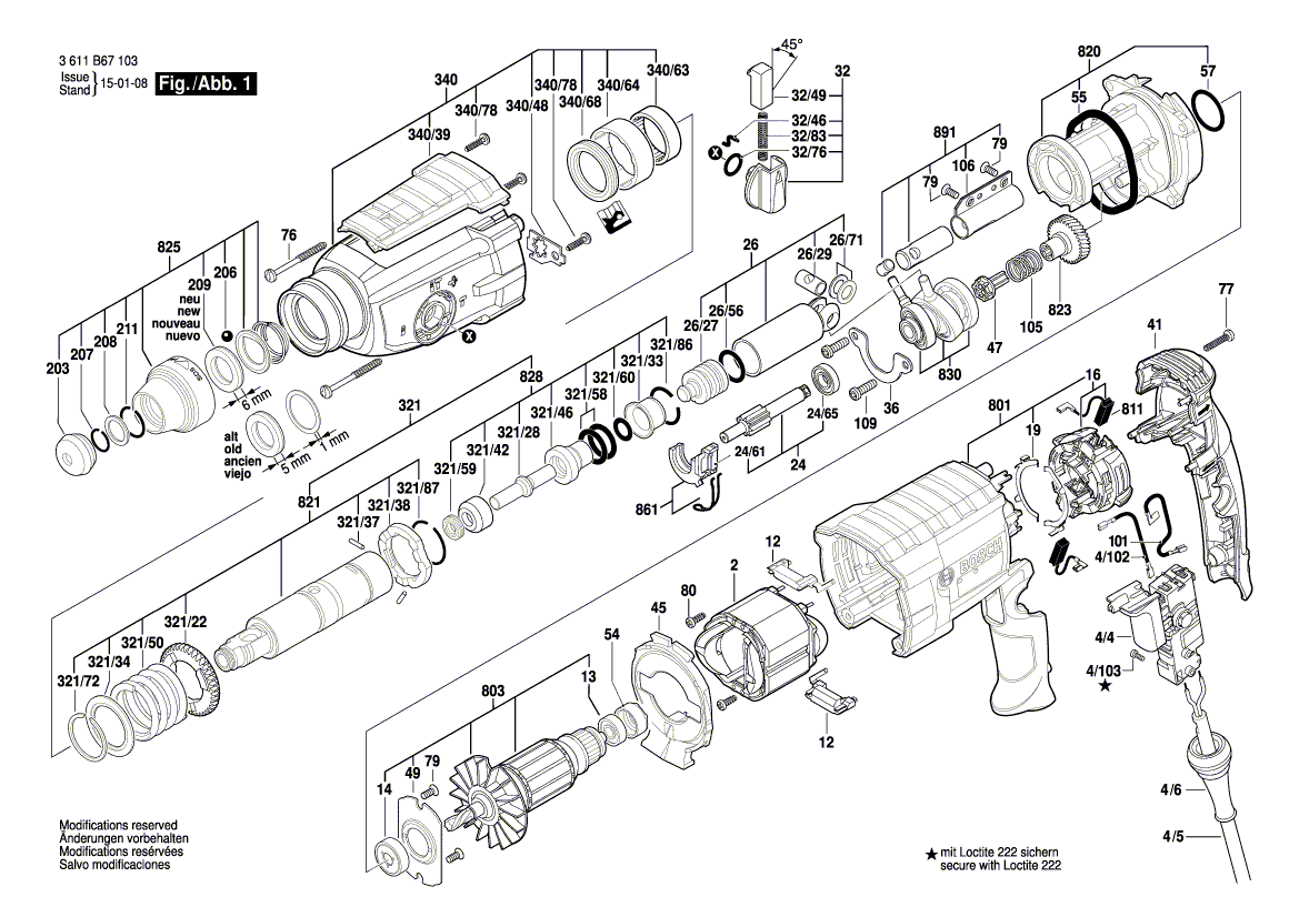 для перфоратора Bosch GBH 2-25 DV 230 V 3611B67103, деталировка 1