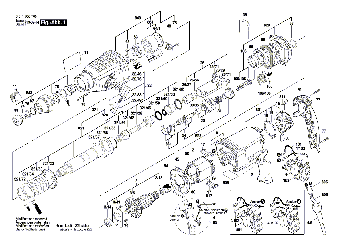 для перфоратора Bosch GBH 2-26 230 V 3611B53700, деталировка 1