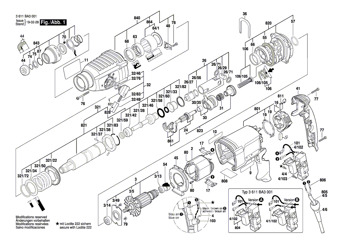 для перфоратора Bosch GBH 2-26 230 V 3611BA3001, деталировка 1