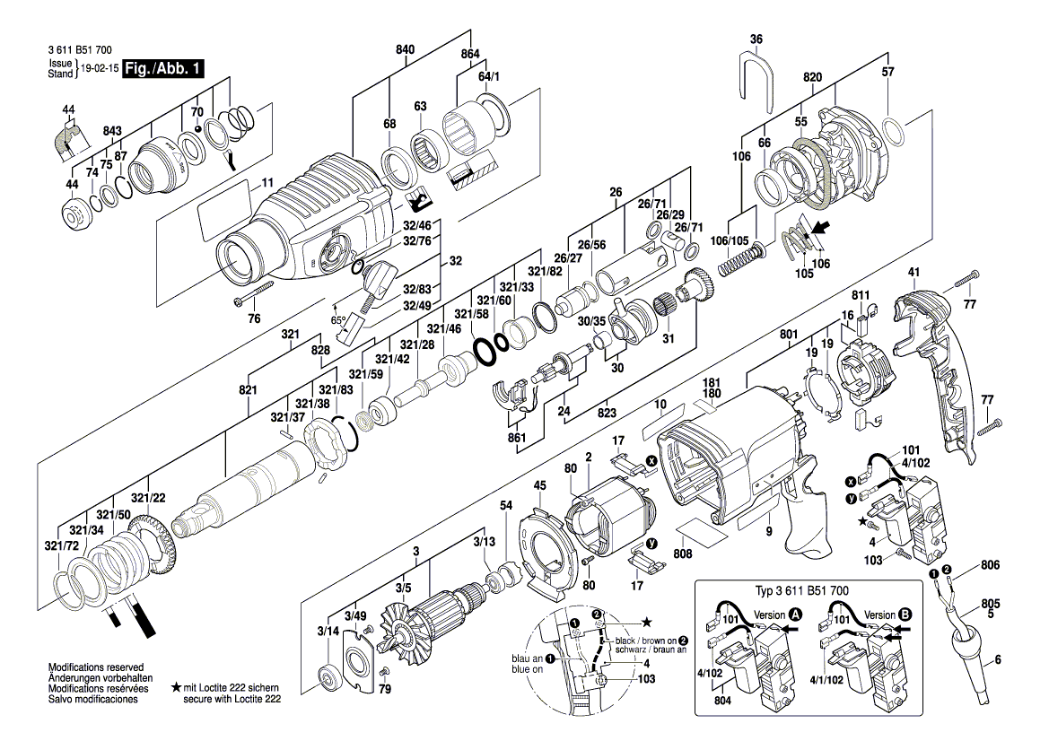 для перфоратора Bosch GBH 2-26 RE 230 V 3611B51700, деталировка 1