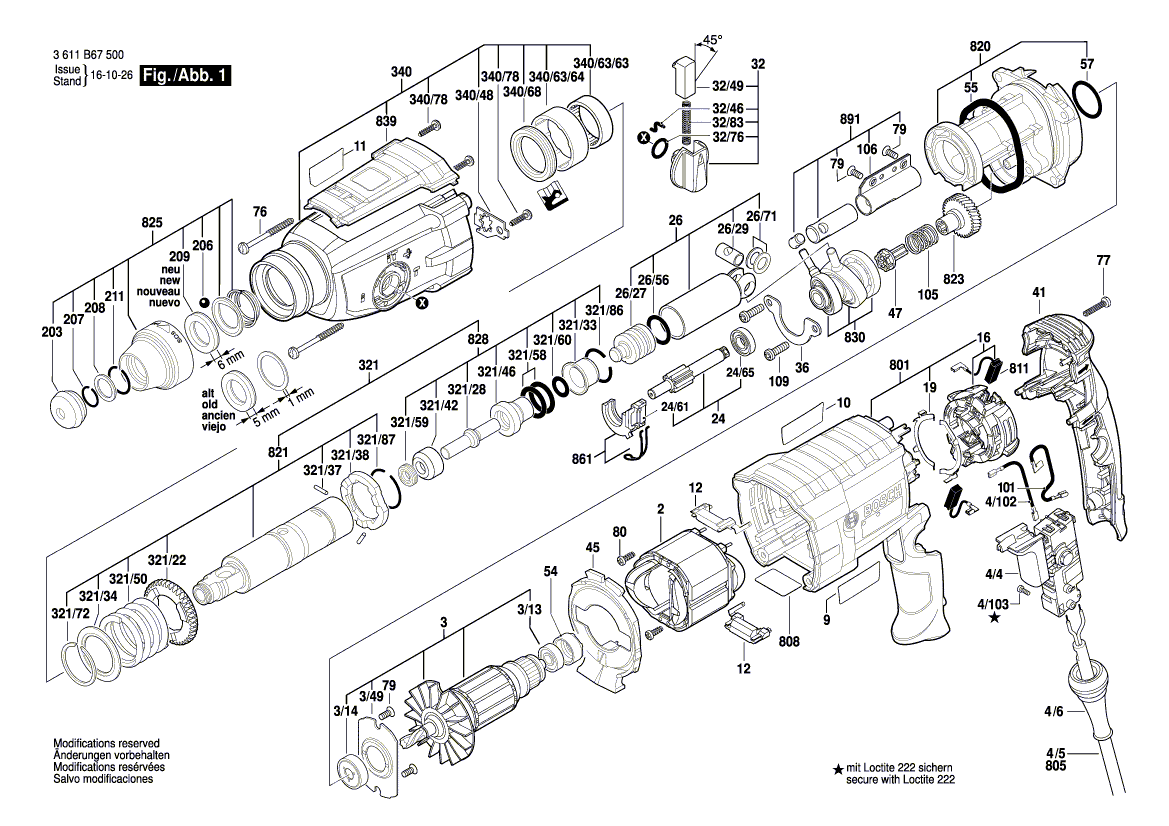 для перфоратора Bosch GBH 2-28 230 V 3611B67500, деталировка 1