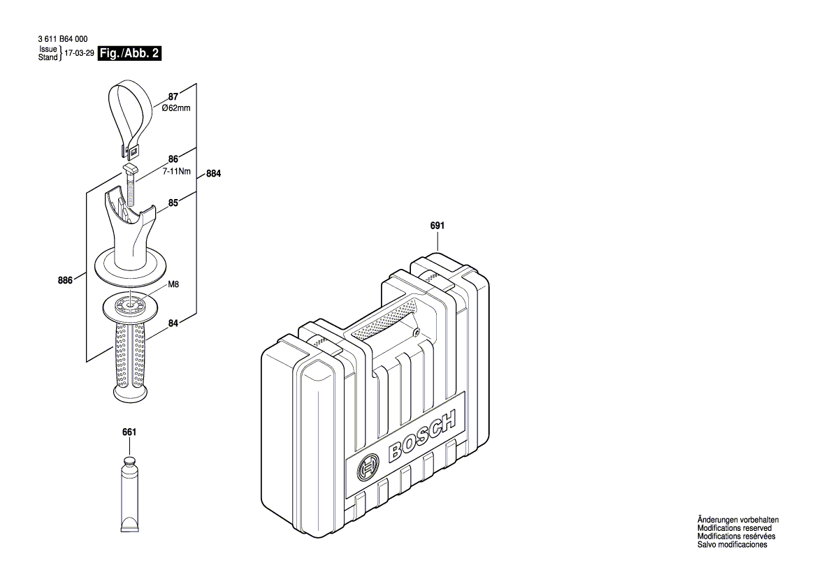 для перфоратора Bosch GBH 5-40 DCE 230 V 3611B64000, деталировка 2