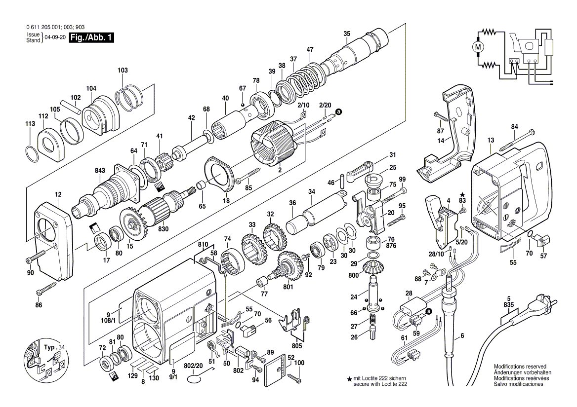 для перфоратора Bosch UBH 4/26 220 V 0611205903, деталировка 1