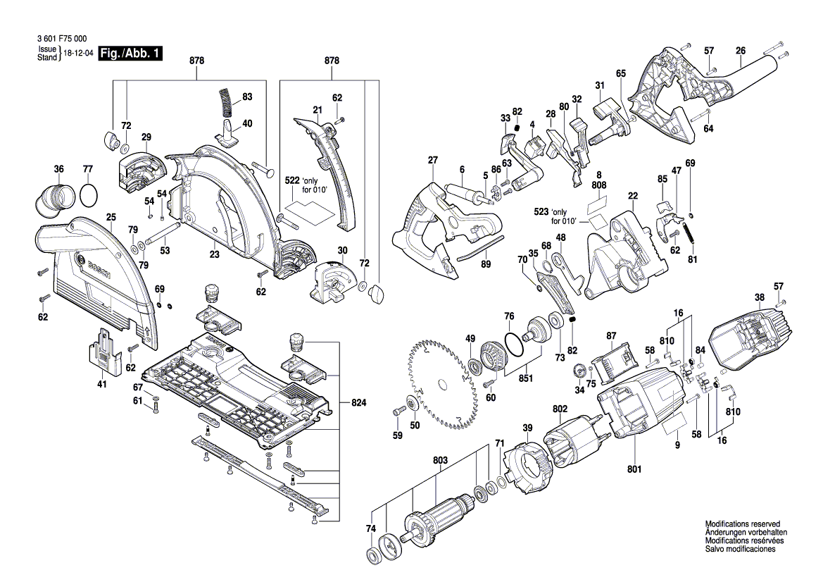 для дисковой пилы Bosch GKT 55 GCE 230 V 3601F75000, деталировка 1