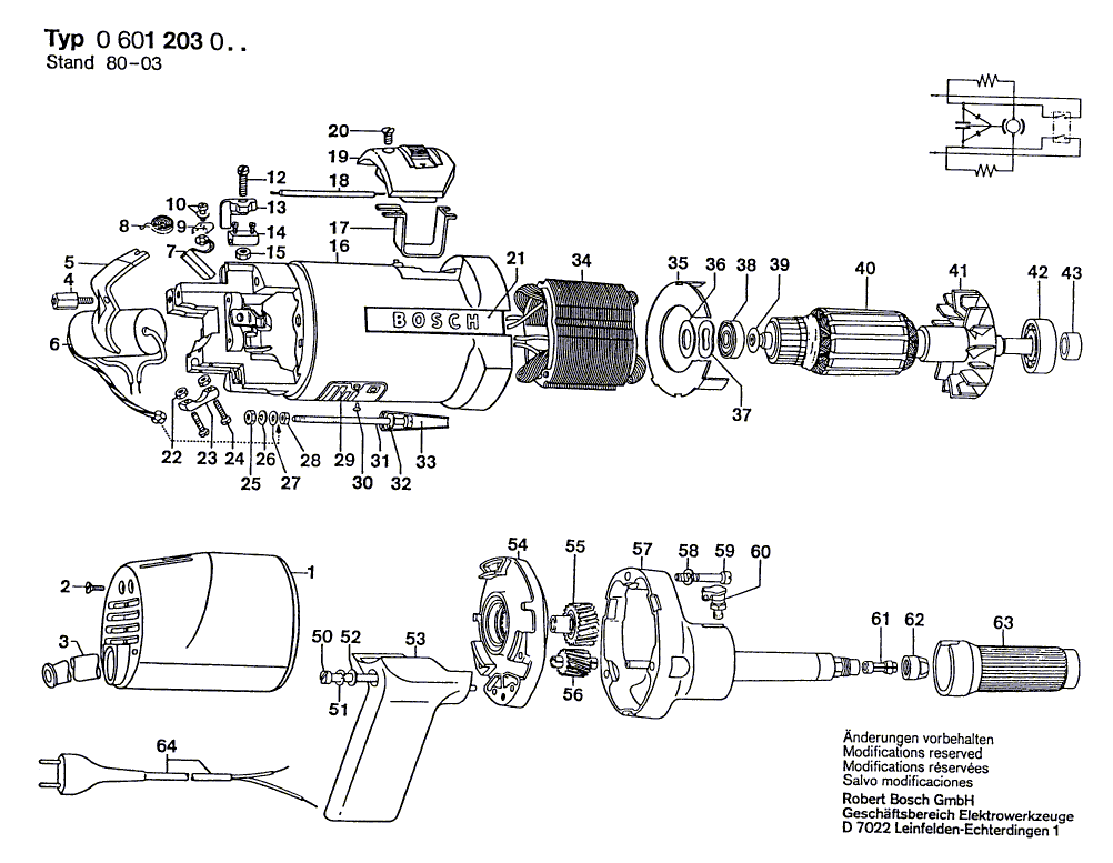 для прямой шлифовальной машины Bosch 220 V 0601203003, деталировка 1