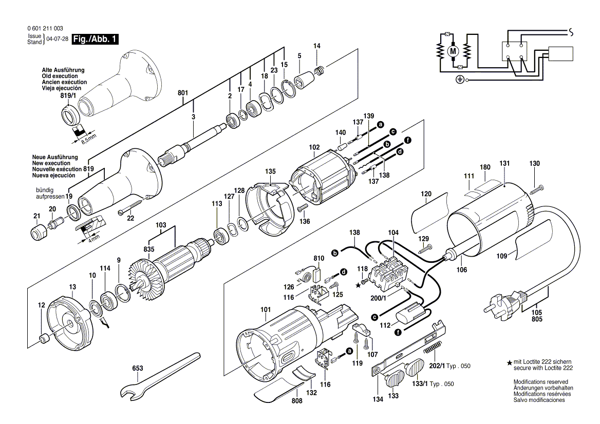 для прямой шлифовальной машины Bosch 220 V 0601211003, деталировка 1