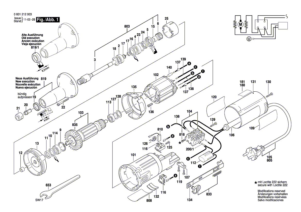 для прямой шлифовальной машины Bosch 220 V 0601212003, деталировка 1