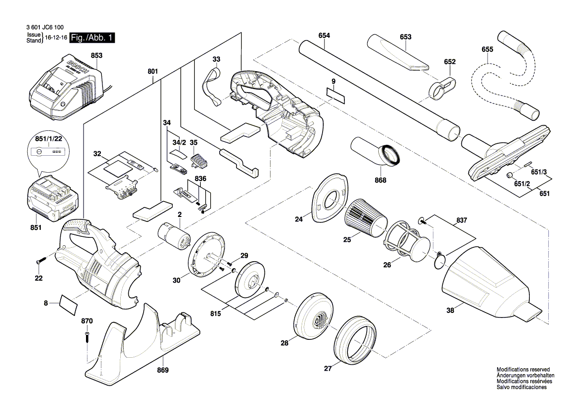 для аккумуляторного пылесоса Bosch GAS 18 V-LI 18 V 3601JC6100, деталировка 1