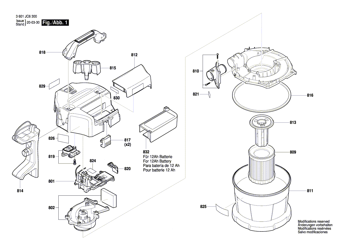для аккумуляторного пылесоса Bosch GAS 18V-10L 18V 3601JC6300, деталировка 1